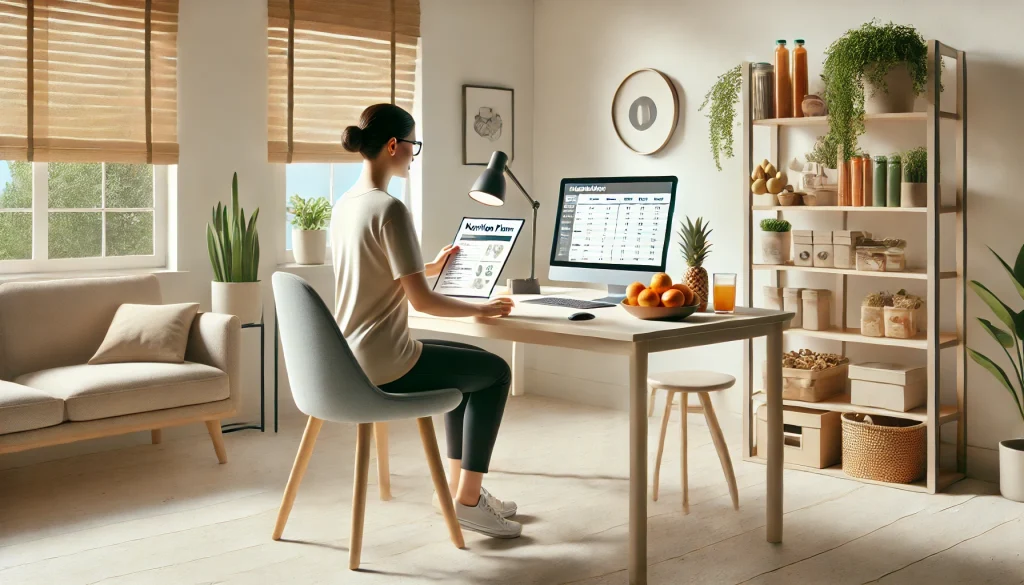 DALL·E 2024 11 12 01.52.56 A realistic depiction of a freelance dietitian at work in a minimalist office setting. The dietitian is sitting at a desk reviewing nutrition plans o