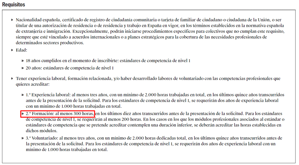 Requisitos de duración horas