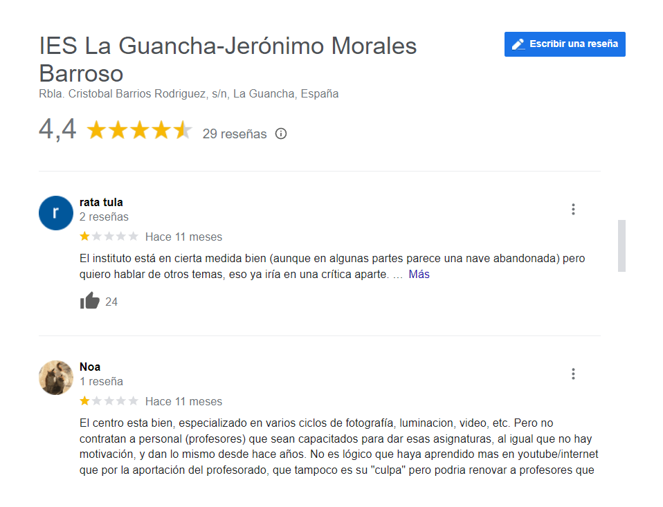 Reseñas Google del IES La Guancha