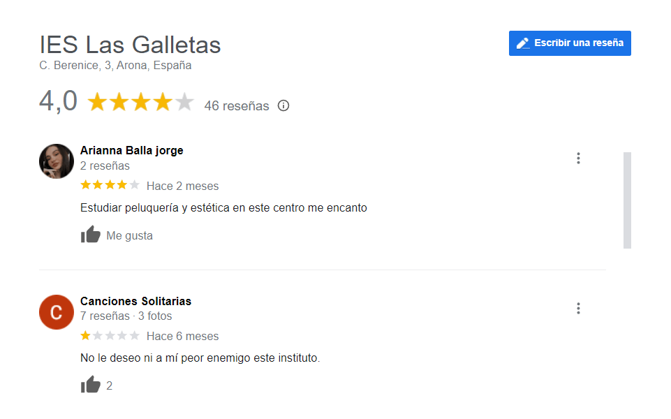 Reseñas en Google del IES Las Galletas