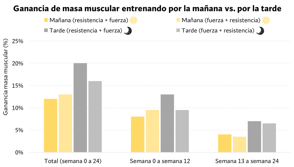 Ganancia de masa muscular mañana vs tarde