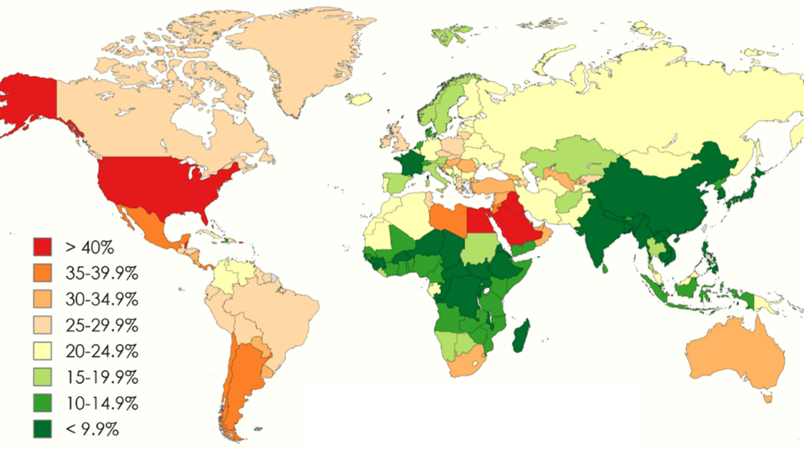 Prevalencia de obesidad en el mundo en el año 2022