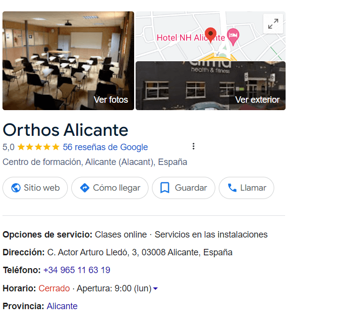 Perfil de Google de Orthos Alicante