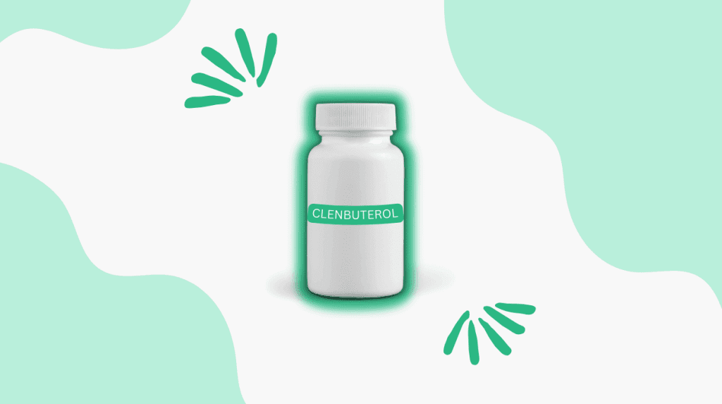 Ilustración de un bote blanco de suplemento con la etiqueta CLENBUTEROL sobre un fondo verde menta