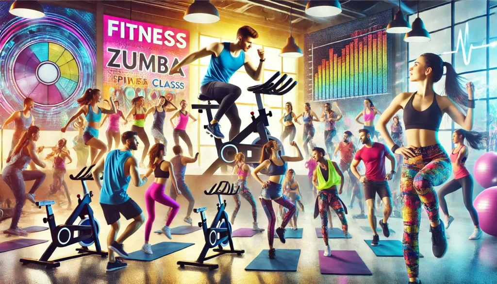 ¿Qué estudiar para ser monitor de actividades dirigidas? 1 DALL·E 2024 07 17 18.49.55 A vibrant and energetic fitness studio with people engaged in different activities. On the left a group of people on stationary bikes participating i
