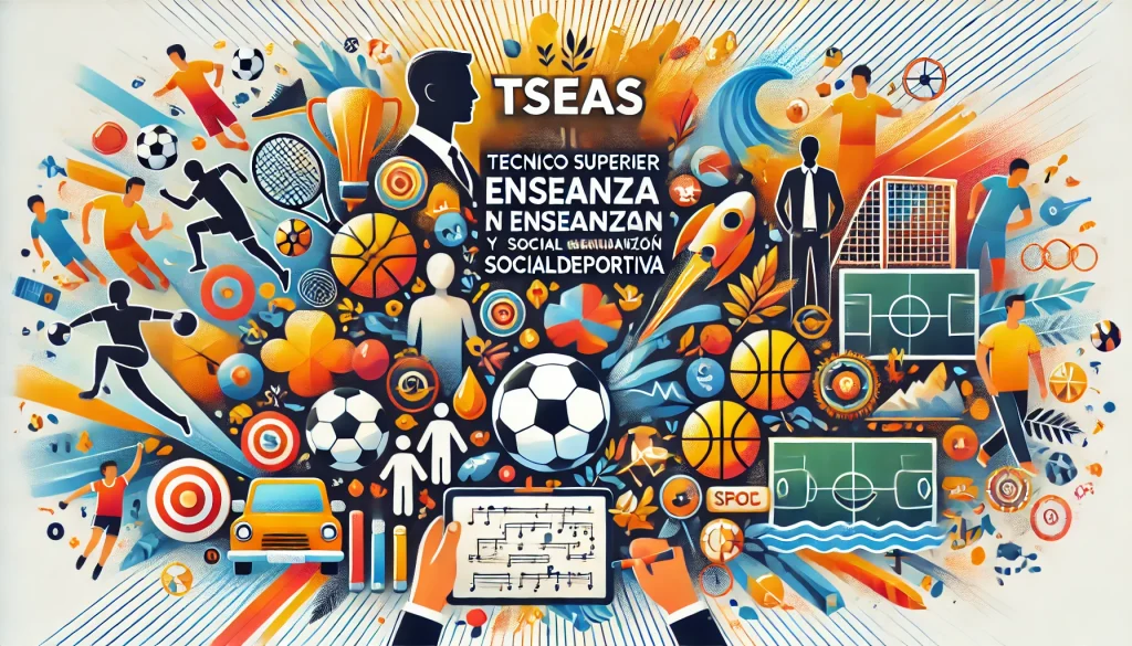 ¿Qué es TSEAS? Técnico Superior en Enseñanza y Animación Sociodeportiva 1 DALL·E 2024 07 17 19.40.36 Create a cover image for a blog about TSEAS Tecnico Superior en Ensenanza y Animacion Sociodeportiva. The image should feature vibrant dynamic elem