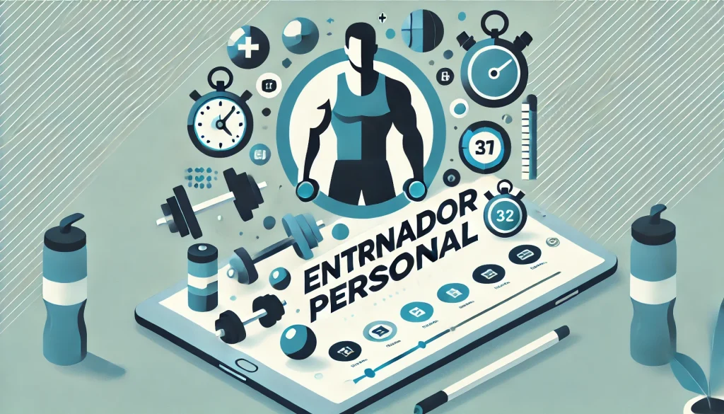 ¿Es rentable ser entrenador personal? 1 DALL·E 2024 07 17 19.57.50 Create a simple cover image for a blog about a Personal Trainer. The image should feature elements related to fitness and personal training such as d