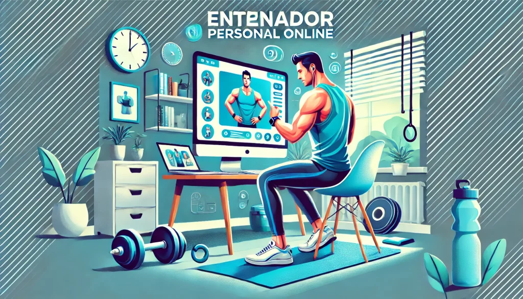¿Cuántos clientes puede tener un entrenador personal? 1 DALL·E 2024 07 17 20.08.05 Create a cover image for a blog about an online personal trainer working with a computer. The image should feature a personal trainer in a home office