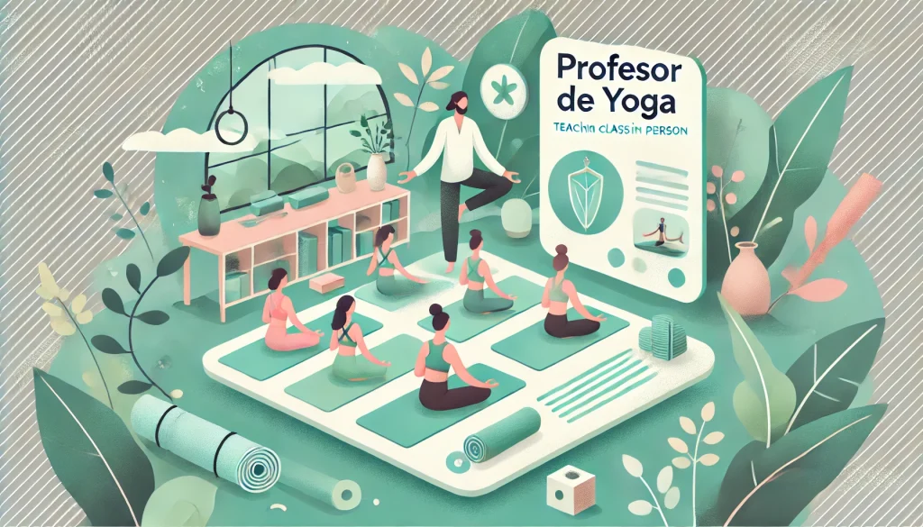 DALL·E 2024 07 17 20.13.27 Create a cover image for a blog about a yoga instructor teaching a class in person. The image should feature a yoga instructor in a serene studio sett