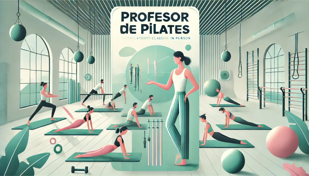 DALL·E 2024 07 17 20.15.13 Create a cover image for a blog about a Pilates instructor teaching a class in person. The image should feature a Pilates instructor in a serene studi