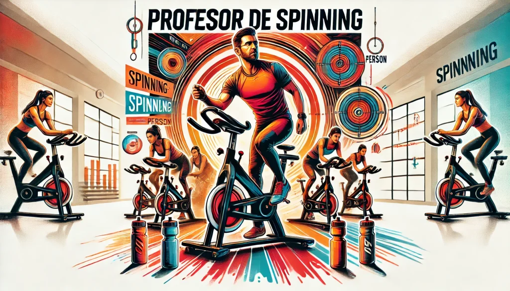 DALL·E 2024 07 17 20.22.30 Create a cover image for a blog about a Spinning instructor teaching a class in person. The image should feature a Spinning instructor in an energetic
