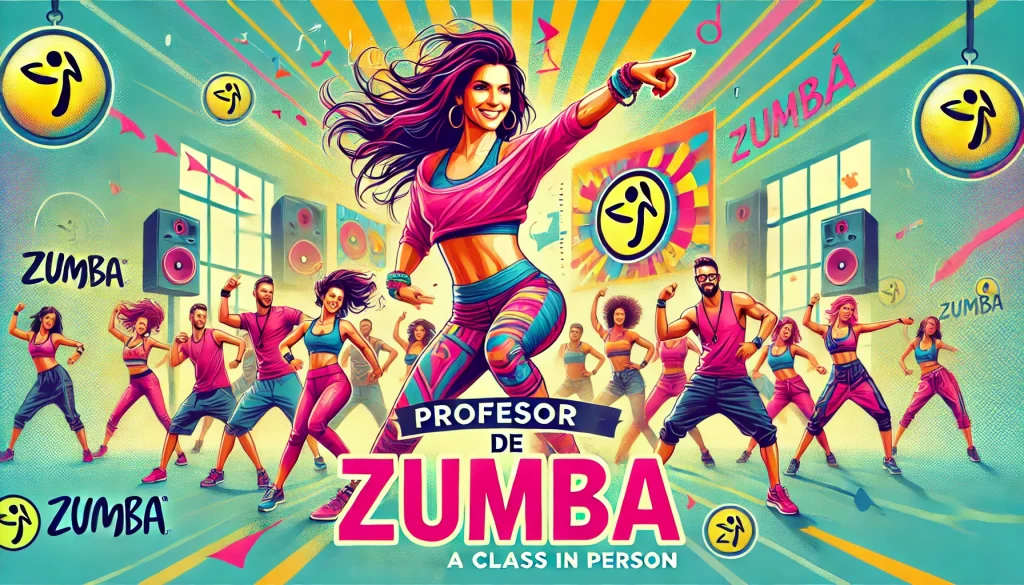 DALL·E 2024 07 17 20.22.57 Create a cover image for a blog about a Zumba instructor teaching a class in person. The image should feature a Zumba instructor in a lively studio se