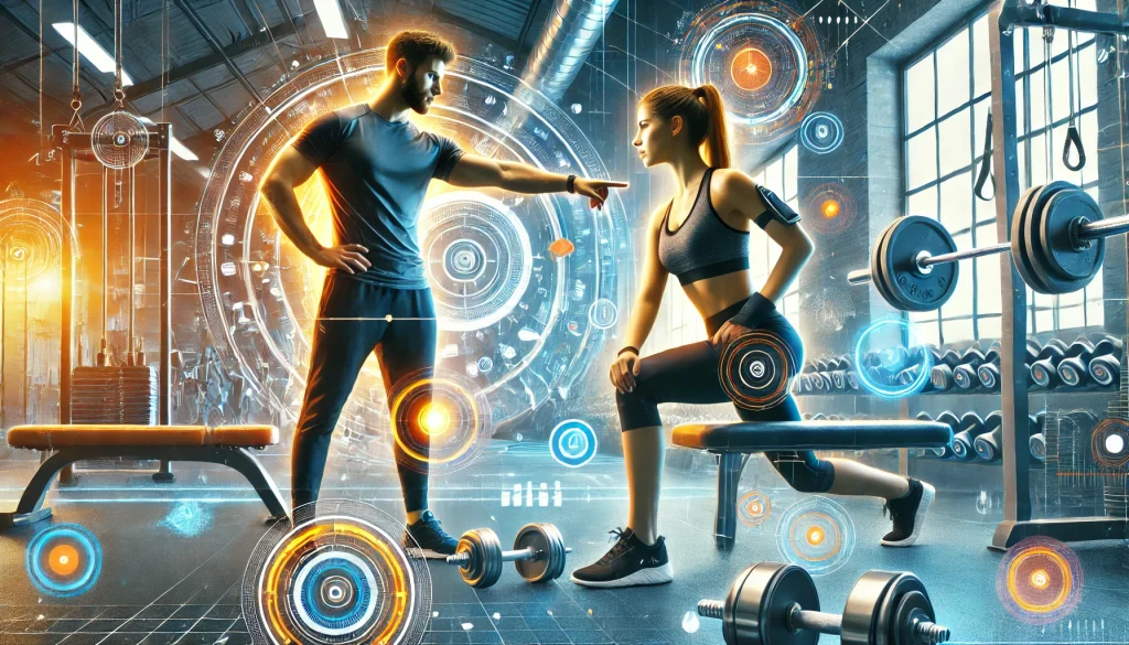 DALL·E 2024 07 18 01.05.32 Create an image featuring a personal trainer working with a client in a gym setting. The image should include elements such as weights exercise machi