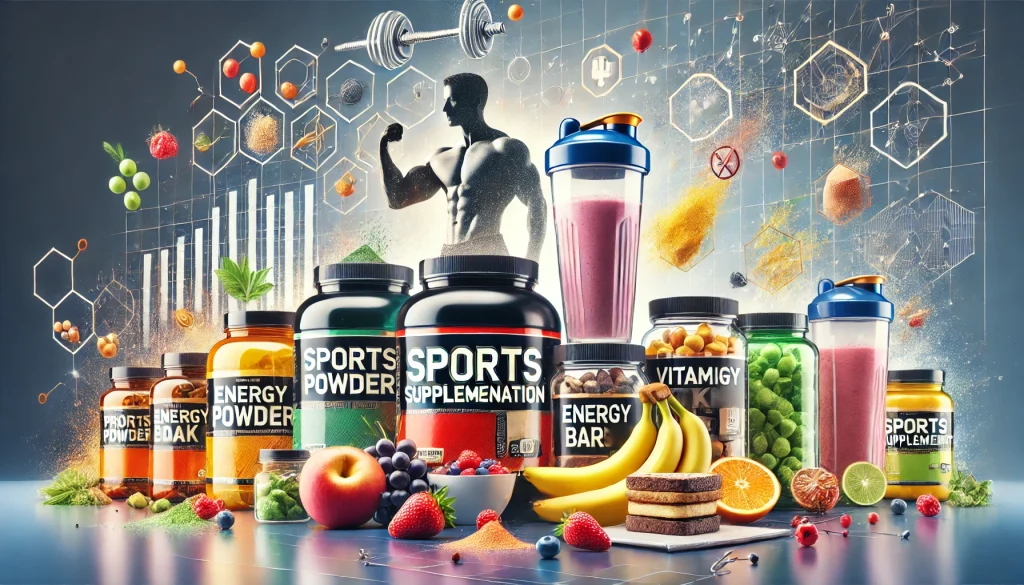 DALL·E 2024 07 18 01.08.31 Create an image featuring sports supplementation. The image should include elements such as protein powders vitamins and energy bars. The setting ca