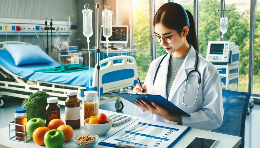 DALL·E 2024 07 18 02.49.07 Create an image featuring a dietitian working in a hospital. The image should show the dietitian in a clinical setting possibly consulting with a pat
