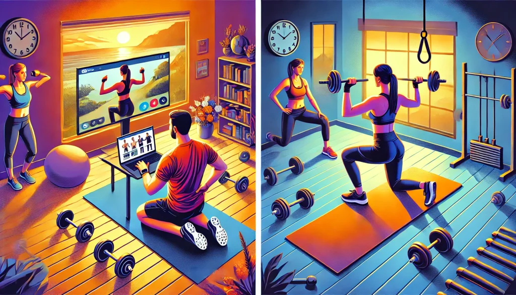 DALL·E 2024 07 18 03.06.36 Create an image featuring a personal trainer working with a client in two settings online and in person. One side of the image should show the traine