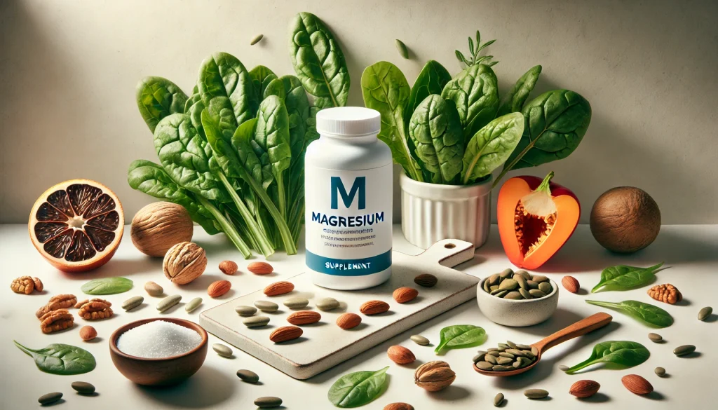 ¿Cuál es el mejor tipo de magnesio para deportistas? 5 DALL·E 2024 08 10 12.39.01 A visually engaging image featuring a magnesium supplement bottle as the focal point. Surround the bottle with vibrant and fresh magnesium rich foods