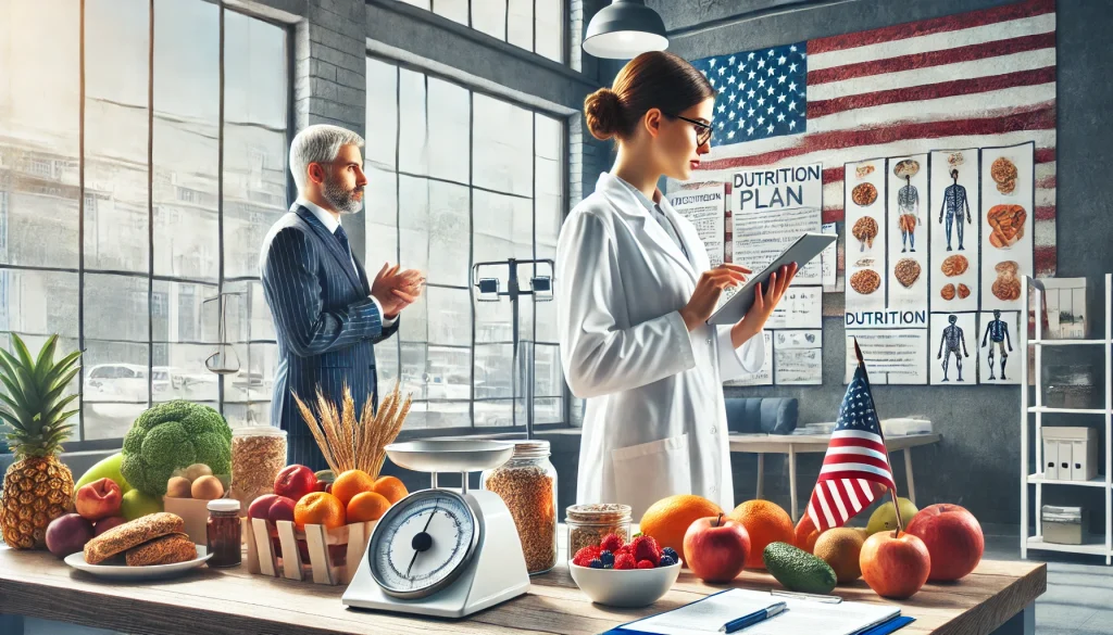 DALL·E 2024 08 21 02.42.04 A different detailed image of a dietitian in a modern American clinic focusing on a nutrition consultation. The dietitian is standing next to a table