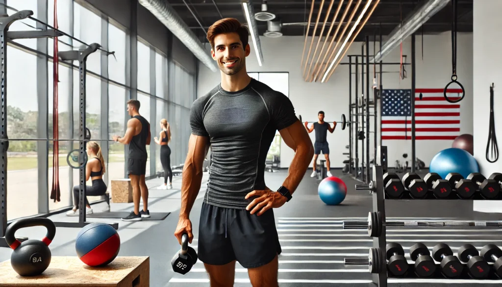 DALL·E 2024 08 21 03.13.00 A personal trainer in the USA standing in a modern gym setting with various fitness equipment around such as dumbbells kettlebells and resistance