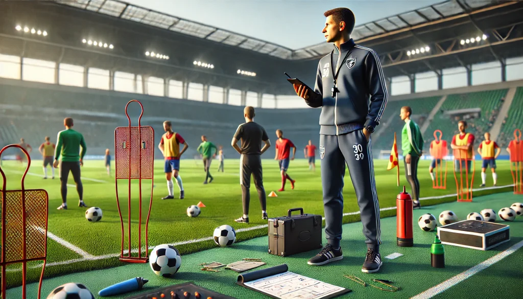 DALL·E 2024 08 21 00.46.14 A detailed image of a football soccer coach on a field during a practice session. The coach is standing on the sidelines wearing a tracksuit and a
