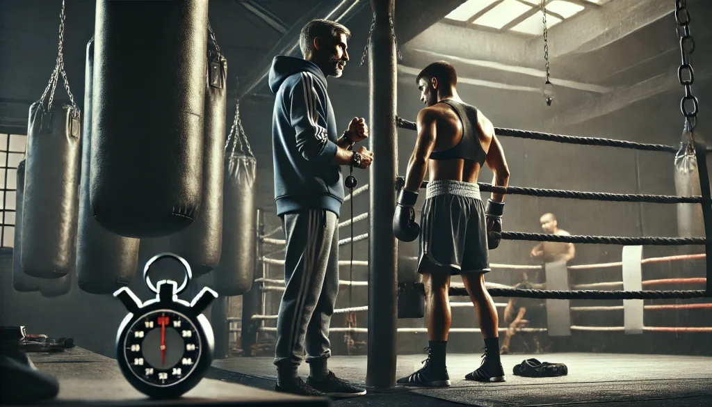 ¿Cómo ser entrenador de boxeo? 1 DALL·E 2024 08 21 01.02.43 A detailed image of a boxing coach in a gym during a training session. The coach is standing near a boxing ring wearing a tracksuit holding a stopw