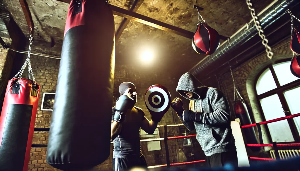 ¿Cómo ser entrenador de boxeo? 11 DALL·E 2024 08 21 01.20.14 A different detailed image of a boxing coach in a gym during a training session. The coach is standing next to the boxing ring wearing a hoodie and b