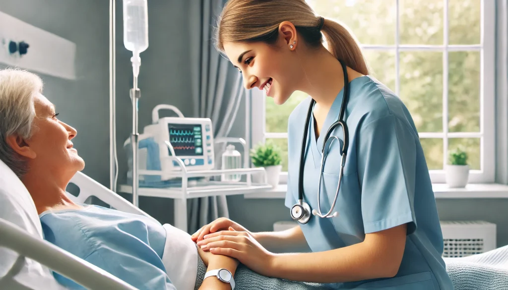 DALL·E 2024 08 21 01.41.28 A detailed image of a nurse in a hospital setting providing care to a patient. The nurse is wearing scrubs and a stethoscope around their neck smili