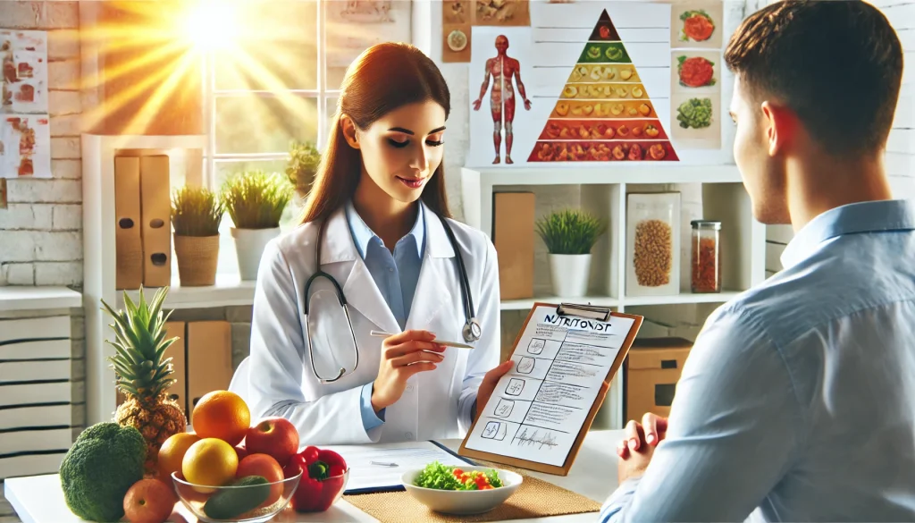DALL·E 2024 08 21 01.43.06 A detailed image of a nutritionist in a bright and modern office setting discussing a healthy eating plan with a client. The nutritionist is wearing
