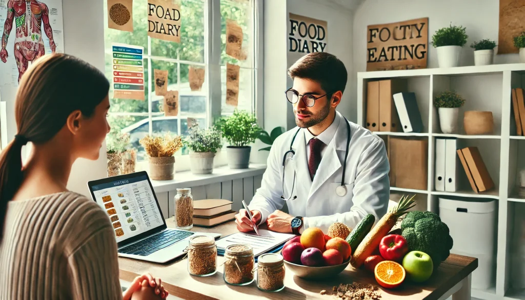 ¿Cómo trabajar de dietista-nutricionista en el extranjero legalmente? 1 DALL·E 2024 08 21 02.01.36 A different detailed image of a dietitian in a modern clinic setting advising a client on healthy eating. The dietitian is seated at a desk with a la