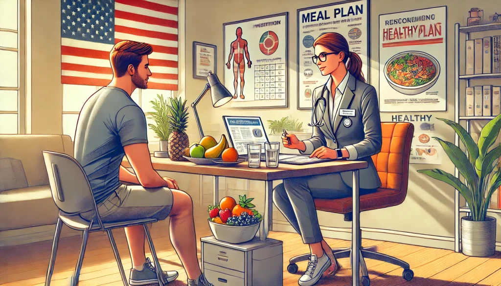 DALL·E 2024 08 21 02.20.50 A detailed image of a dietitian in a contemporary American clinic setting counseling a client on nutrition. The dietitian is wearing a professional o