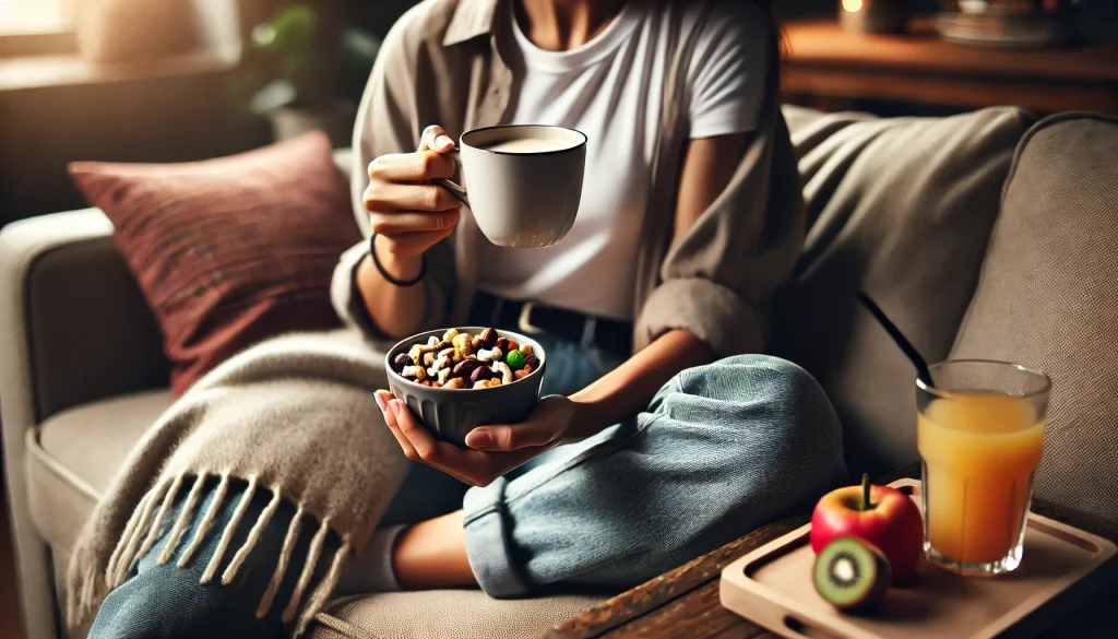 DALL·E 2024 09 03 15.45.58 A person eating a light snack between meals in a casual setting. The person is seated comfortably on a couch holding a small bowl of mixed nuts or fr