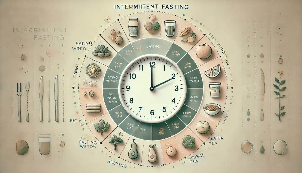 DALL·E 2024 09 03 16.27.57 A visual representation of intermittent fasting. The image shows a clock prominently in the center with sections of the clock highlighted to represen