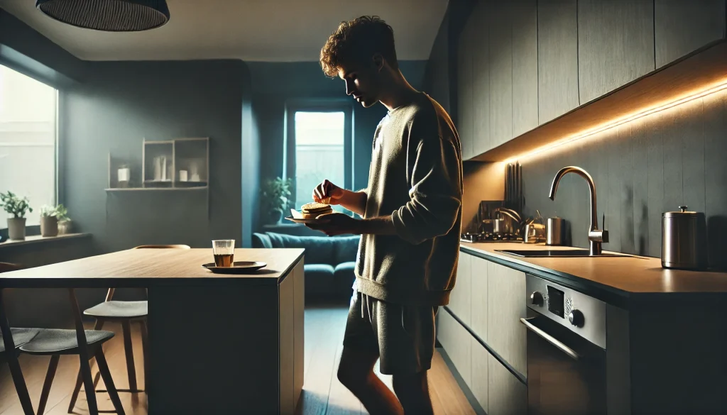 DALL·E 2024 09 03 16.31.10 A person standing alone in a modern kitchen eating a quick meal. The person is casually dressed holding a plate with a sandwich or a light snack. Th