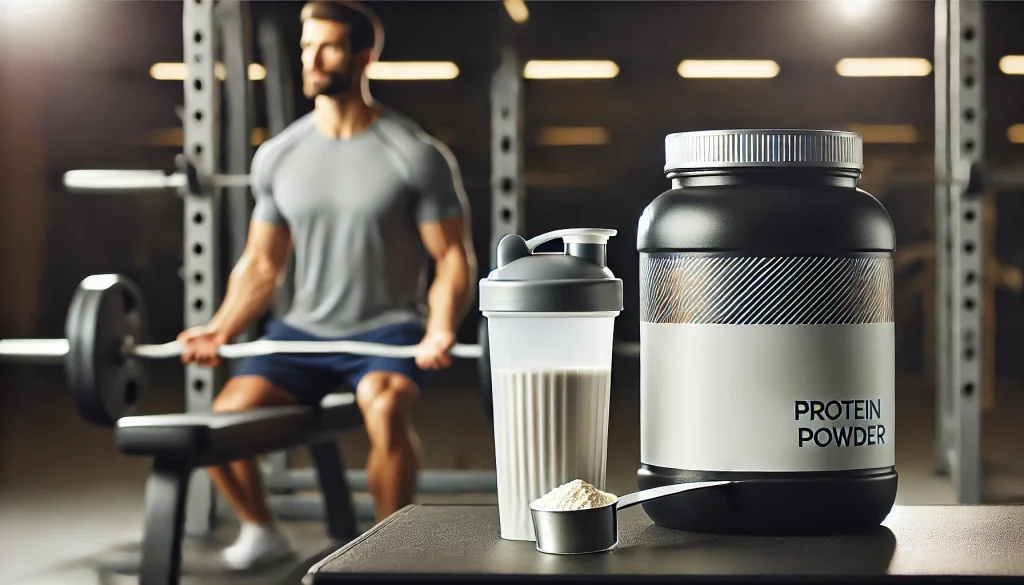 Dietista explica 10 mitos sobre la proteína en polvo 9 DALL·E 2024 10 31 17.24.19 A 16 9 image designed for a blog post about protein powder and men. The image displays a container of protein powder with a scoop on a gym bench acco