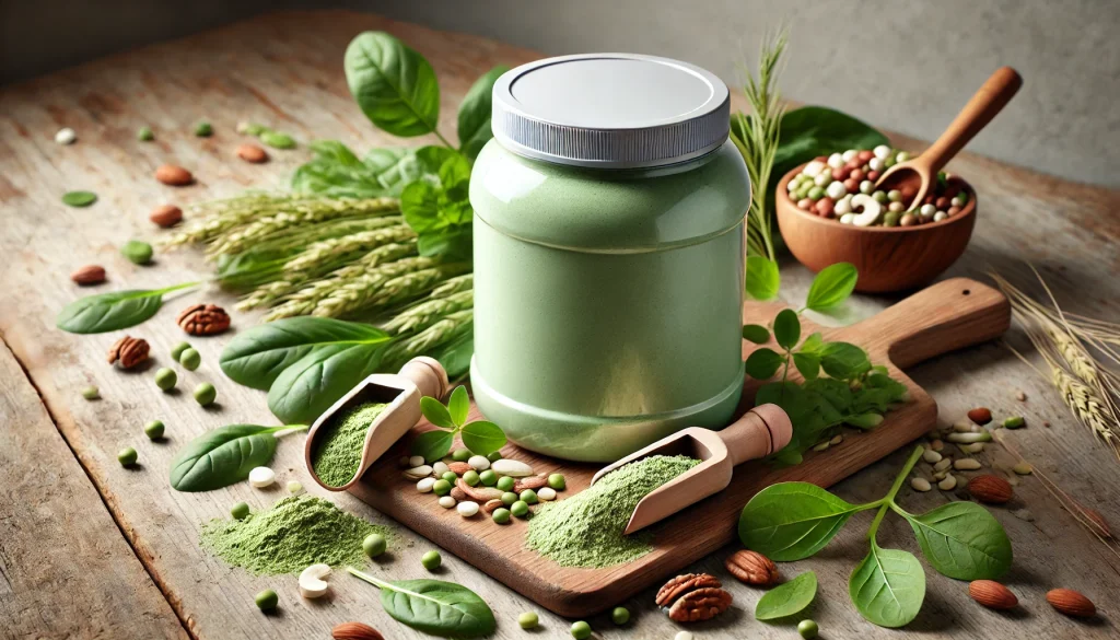 Dietista explica 10 mitos sobre la proteína en polvo 7 DALL·E 2024 10 31 17.25.16 A clean high quality 16 9 image of plant based protein powder designed for a blog. The image shows a container of green and natural colored protein p