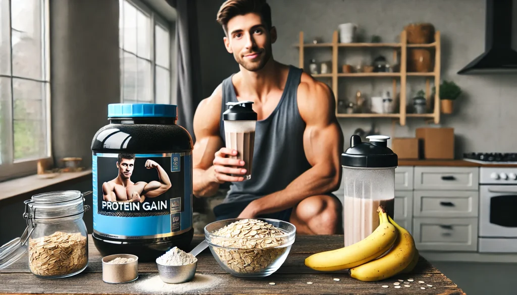 Dietista explica 10 mitos sobre la proteína en polvo 5 DALL·E 2024 10 31 17.25.40 A high quality image focused on weight gain with protein powder designed for a blog. The image shows a container of protein powder with a scoop and a