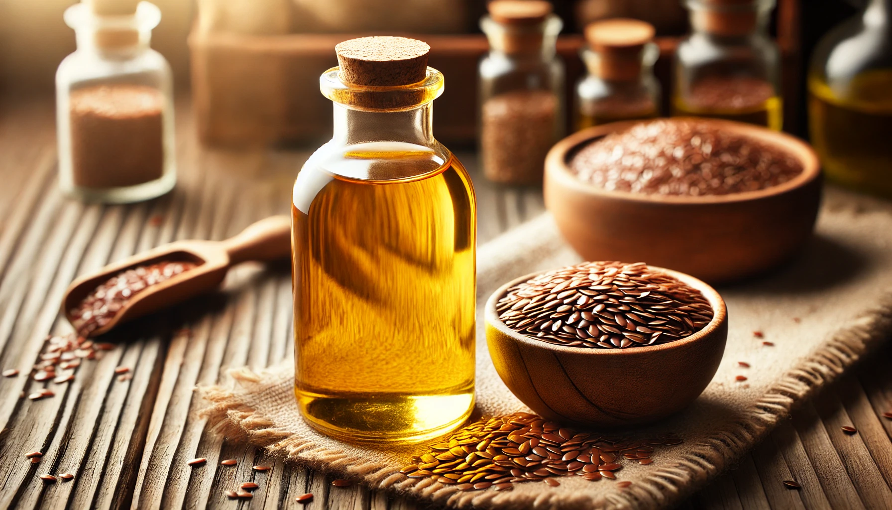 Aceite de lino: beneficios, contras y cómo tomar 9 DALL·E 2024 11 03 22.34.27 A close up image of a glass bottle of flaxseed oil aceite de lino placed on a wooden surface with a small bowl of golden flaxseeds next to it. The