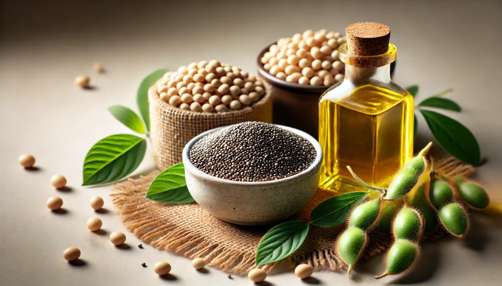 DALL·E 2024 11 04 16.29.27 A high quality 16 9 ratio image featuring chia seeds soybeans and rapeseed oil arranged in a natural and appealing display. The chia seeds are show