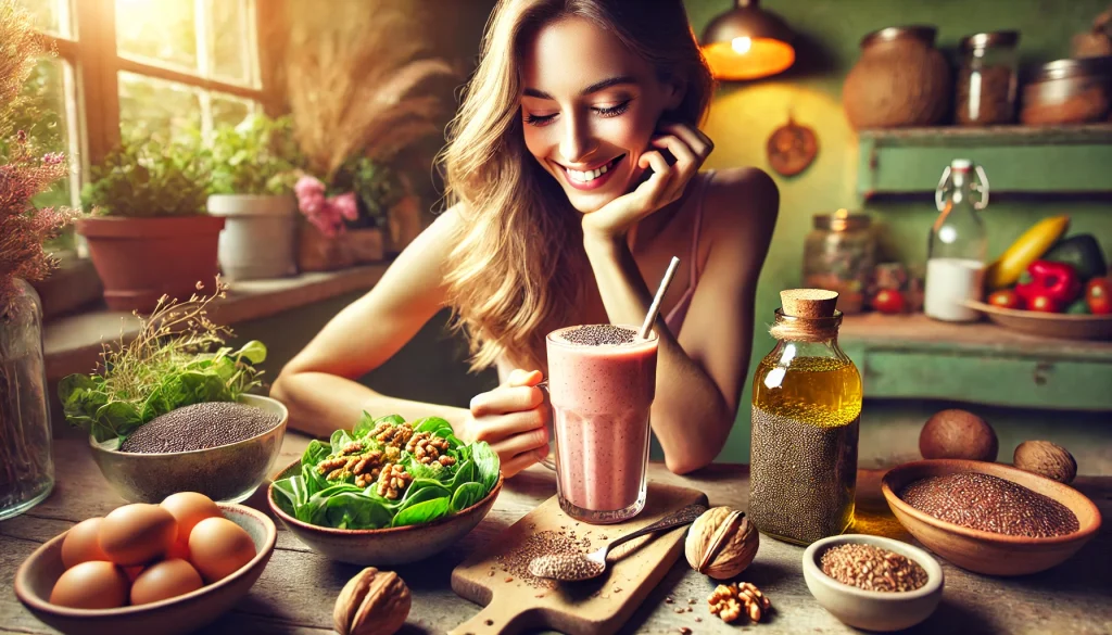 DALL·E 2024 11 04 16.32.30 A vibrant image of a vegan person enjoying a meal rich in Omega 3 featuring foods like chia seeds flaxseeds and walnuts. The person is smiling sea