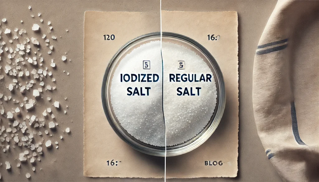 DALL·E 2024 11 08 00.11.34 A comparative image of iodized salt versus regular salt for a blog post. The image is divided into two halves on the left there is iodized salt in a