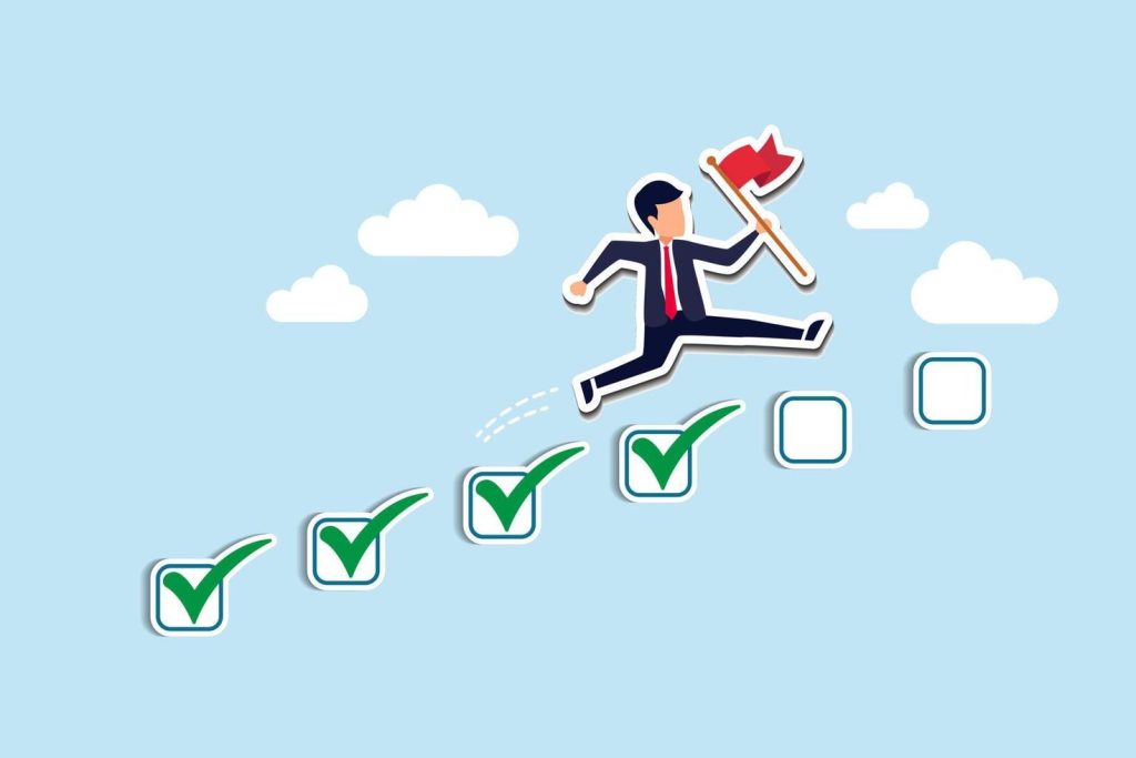 progression from start to success development or improvement challenge to progress and win competition tasks completion to finish project businessman step on checklist to progress to target vector