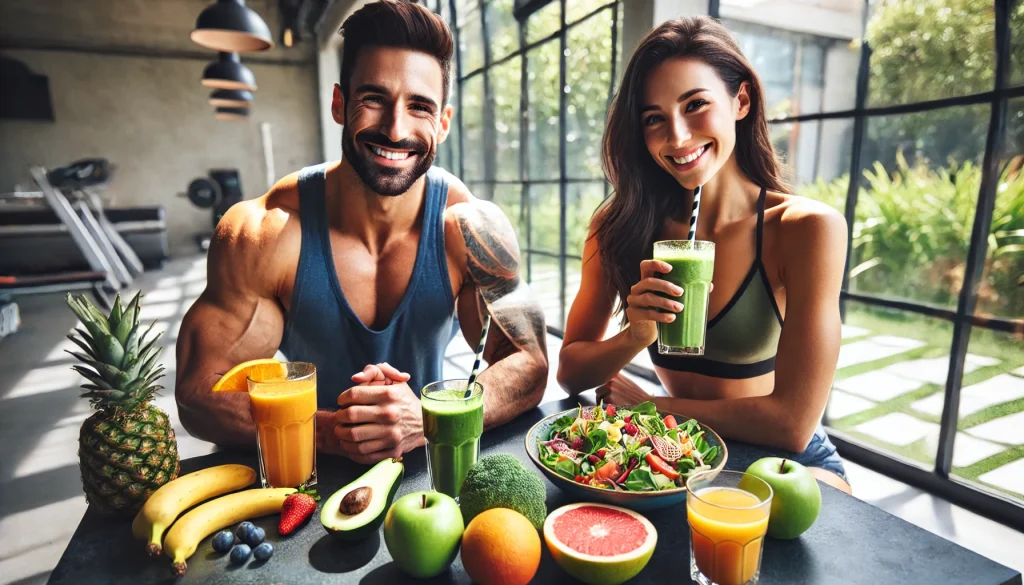 DALL·E 2024 12 12 14.54.01 Un hombre fuerte y una mujer atletica sentados juntos en una mesa compartiendo una comida saludable. En la mesa hay ensaladas frutas frescas y batid