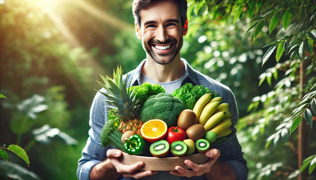 DALL·E 2024 12 13 02.01.03 Una persona sonriente y saludable sosteniendo una canasta llena de alimentos ricos en vitaminas hidrosolubles como frutas citricas fresas kiwi esp