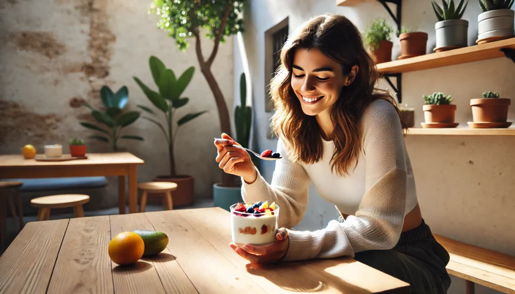 ¿Qué yogur es más sano? 13 DALL·E 2024 12 13 03.04.45 Una persona disfrutando de un yogurt en un entorno calido y moderno. La escena muestra a una mujer joven sentada junto a una mesa de madera clara so