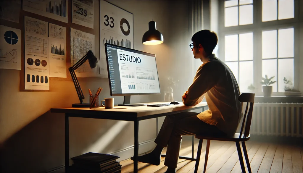 Fenogreco y testosterona, ¿qué dice la ciencia? 15 DALL·E 2024 12 13 03.15.59 Una persona sola en un escritorio analizando un estudio en la pantalla de su computadora. La escena es simple con la persona usando ropa casual mira