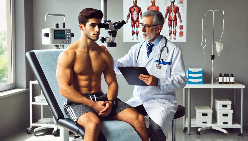 DALL·E 2024 12 13 03.20.17 Un culturista masculino en un entorno medico siendo diagnosticado por un profesional de la salud. La escena muestra al culturista sentado en una camil