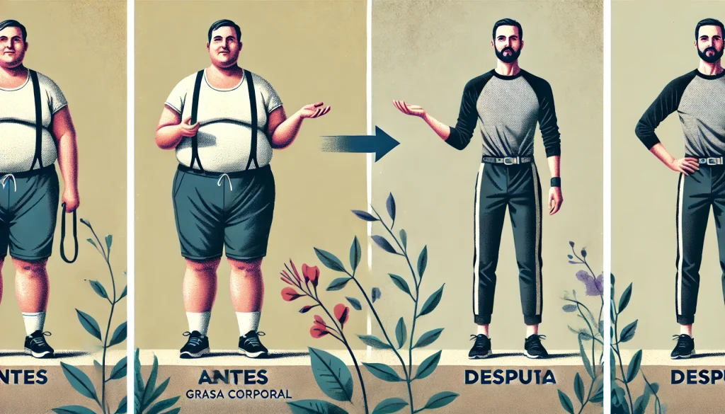 ¿Cómo tomar diente de león para perder peso? 11 DALL·E 2024 12 13 03.28.57 Un concepto visual de transformacion fisica antes y despues de perder grasa corporal. A la izquierda una persona con mayor porcentaje de grasa corpor