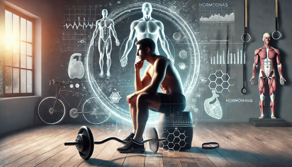 DALL·E 2024 12 13 03.34.09 Un concepto abstracto que combina elementos de salud masculina y el culturismo. La escena muestra a un hombre atletico en un entorno tranquilo como u