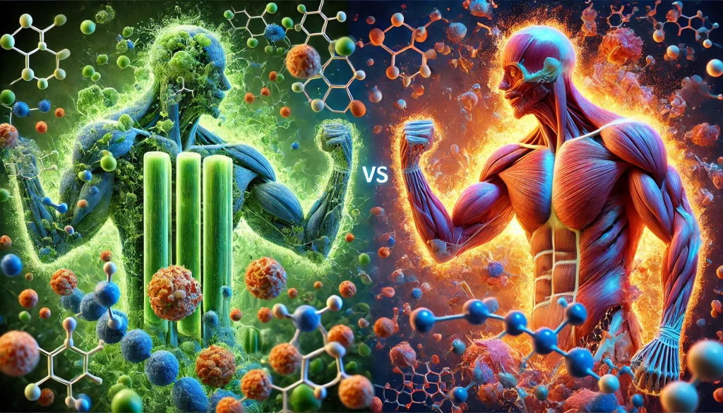 DALL·E 2024 12 14 19.49.33 A hyper realistic visualization comparing anabolism and catabolism in a biological context. On one side muscle fibers being synthesized and growing