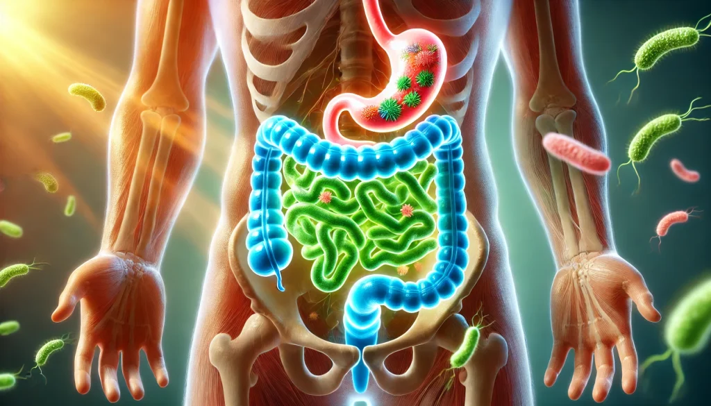 DALL·E 2024 12 14 19.54.08 A realistic and vibrant depiction of gastrointestinal health featuring a healthy human digestive system shown through a semi transparent body. The im